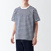 【MUJI 無印良品】男有機棉水洗粗織圓領短袖T恤 XS 暗藍橫紋