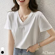 【ACheter】 簡約百搭精梳棉V領短袖T恤短版上衣# 116291 L 白色