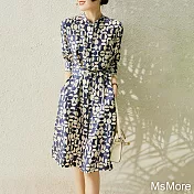 【MsMore】 輕奢佳人絲質斜紋緞印花七分袖襯衫式連身裙中長版洋裝# 116315 M 花紋
