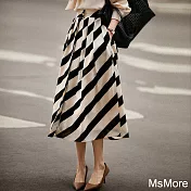 【MsMore】 法式摩登黑白條紋百褶絲質高腰長裙# 116336 M 杏色