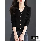 【Jilli~ko】V領韓版設計款修身氣質金扣針織衫 J10008  FREE 黑色