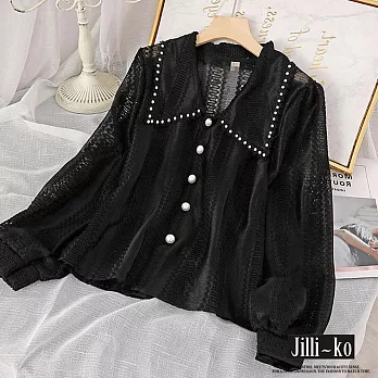 【Jilli~ko】娃娃領珍珠扣設計感蕾絲鏤空襯衫 J10058  FREE 黑色