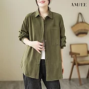 【AMIEE】素色寬版襯衫(KDTY-8308) M 橄欖綠