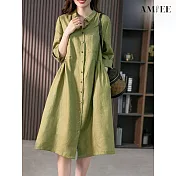 【AMIEE】法式棉麻襯衫連身洋裝(KDDY-9887) M 橄欖綠