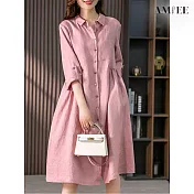 【AMIEE】法式棉麻襯衫連身洋裝(KDDY-9887) M 粉色