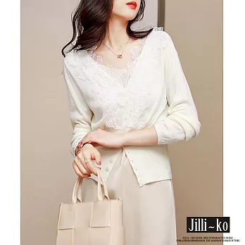 【Jilli~ko】優雅氣質V領花邊蕾絲開扣針織衫 J10050  FREE 白色