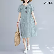 【AMIEE】條紋顯瘦短袖連衣裙(KDDY-137) M 湖水綠