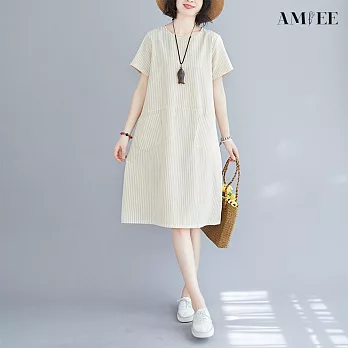 【AMIEE】條紋顯瘦短袖連衣裙(KDDY-137) XL 杏色