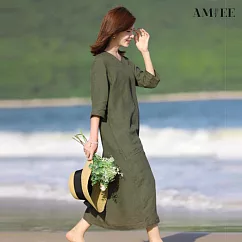 【AMIEE】純色棉麻五粉袖連衣裙(KDDY─3596) M 深青綠色