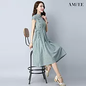 【AMIEE】立領棉麻旗袍式連衣裙(KDTY-B056) M 綠色