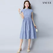 【AMIEE】立領棉麻旗袍式連衣裙(KDTY-B056) M 深藍