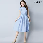 【AMIEE】立領棉麻旗袍式連衣裙(KDTY-B056) M 淺藍