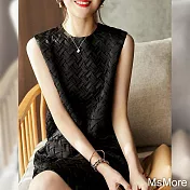 【MsMore】 法式別致壓褶圓領小黑裙無袖口袋設計背心長版洋裝# 116305 XL 黑色