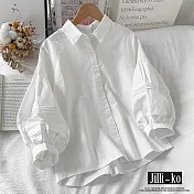 【Jilli~ko】韓版甜美壓褶設計感泡泡袖襯衫 J10107  FREE 白色