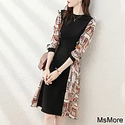 【MsMore】 圓領休閒收腰連身裙時尚復古印花假2件長袖長版洋裝 # 116350 M 黑色