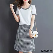 【MsMore】 心動佳人韓版休閒時尚圓領短袖寬鬆優雅2件式裙套裝 # 116408 L 白色