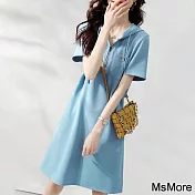 【MsMore】 時尚藍色連帽短袖修身收腰顯瘦連身裙中長寬鬆洋裝 # 116419 2XL 藍色