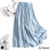 【ACheter】 飄逸麻感長裙棉麻鬆緊高腰大擺長裙 # 116482 XL 藍色