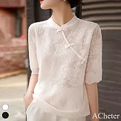 【ACheter】 揚子紗織立體提花鏤空盤扣袍式五分短袖短版上衣 # 116485 FREE 白色