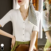 【ACheter】 花邊V領針織開衫短袖薄款寬鬆氣質內搭百搭短版上衣 # 116489 FREE 白色