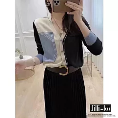 【Jilli~ko】V領明線撞色拼接開扣針織衫 J10122 FREE 藍色