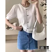 【Jilli~ko】小香風緹花細節鈕扣短袖針織衫 J10212  FREE 白色