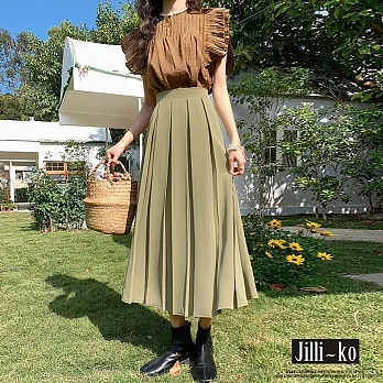 【Jilli~ko】高腰垂感西裝百搭A字壓褶傘長裙 M-L J10073  M 綠色