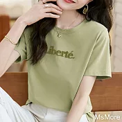 【MsMore】 休閒綠清新牙刷繡T恤圓領簡約短袖百搭韓版短版上衣 # 116404 M 綠色