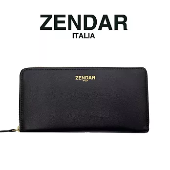 【ZENDAR】台灣總代理 限量1折 頂級小羊皮金標拉鍊皮夾 黛安娜系列 全新專櫃展示品 (黑色)