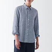 【MUJI 無印良品】男大麻水洗長袖襯衫 XL 暗藍格紋