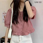 【AMIEE】俏皮泡泡袖短版襯衫(KDTY-4909) S 粉色
