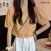 【AMIEE】俏皮泡泡袖短版襯衫(KDTY-4909) S 薑黃