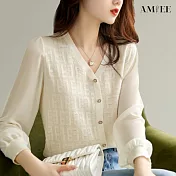 【AMIEE】貴夫人造型緹花針織衫(KDTY-2496) F 白色