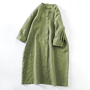 【ACheter】 棉麻連身裙純色圓領休閒襯衫式寬鬆顯瘦七分袖洋裝# 116510 XL 綠色