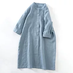 【ACheter】 棉麻連身裙純色圓領休閒襯衫式寬鬆顯瘦七分袖洋裝# 116510 M 藍色