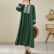 【ACheter】 森女系半開圓領刺繡棉長袖連身裙寬鬆百搭顯瘦寬鬆長洋裝# 116516 XL 綠色