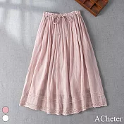 【ACheter】 麻感長裙文藝森系A版顯瘦鬆緊腰雙層刺繡仙女長裙# 116519 M 粉紅色