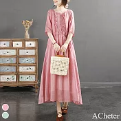 【ACheter】 文藝復古棉麻圓領木耳邊仙氣系帶收腰長袖長版洋裝# 116521 XL 粉紅色