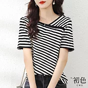【初色】刺繡蕾絲印花T恤-共8款/組-66751(M-2XL可選) M H.黑白條紋