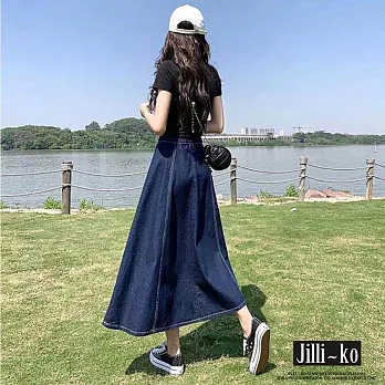 【Jilli~ko】後腰鬆緊顯瘦垂墜A字牛仔長裙 M-XL J10052 M 深藍色