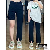 【Jilli~ko】中腰顯瘦開衩設計工作休閒直筒褲 L-2XL J10053  L 黑色