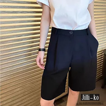 【Jilli~ko】時尚高腰中線褶皺西裝五分短褲 M-XL J10153  M 黑色