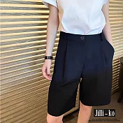 【Jilli~ko】時尚高腰中線褶皺西裝五分短褲 M-XL J10153 XL 黑色