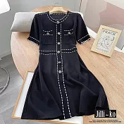 【Jilli~ko】明線設計細節鈕扣收腰針織連衣裙 J10200 FREE 黑色