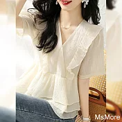 【MsMore】 荷葉風時尚氣質優雅白色法式V領顯瘦韓版短袖短版上衣 # 116358 M 白色