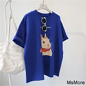 【MsMore】 萊茵藍公主兔棉大碼女裝印花短袖T恤圓領寬鬆短版上衣 # 116460 M 藍色