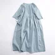 【ACheter】 亞麻感連身裙腰帶收腰遮肚子顯瘦七分袖圓領純色大擺長裙洋裝 # 116554 M 藍色