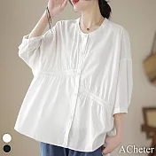 【ACheter】 文藝純色圓領單排扣七分袖棉麻襯衫寬鬆中長上衣 # 116641 XL 白色