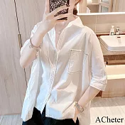 【ACheter】 日韓白色棉襯衫五分短袖休閒百搭中長版上衣# 116657 XL 白色