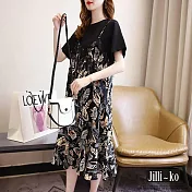 【Jilli~ko】假兩件吊帶造型拼接碎花連衣裙 J10267  FREE 黑色